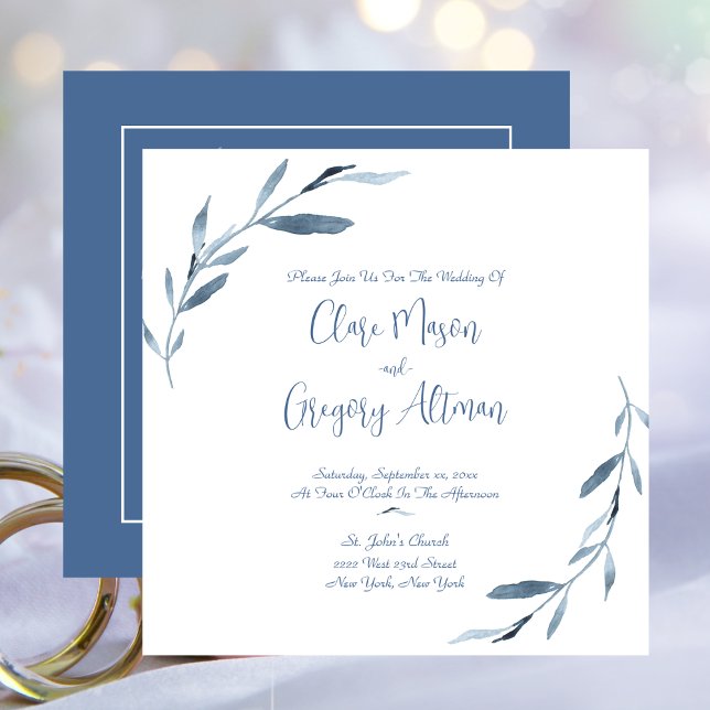 Blå och vit vattenfärg Löv Bröllop Inbjudningar (Blue Dawn, Watercolor Leaves Wedding Invitation)