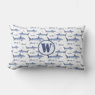 Blå och vit vattenfärg, Monogram Shark + maneter Lumbarkudde