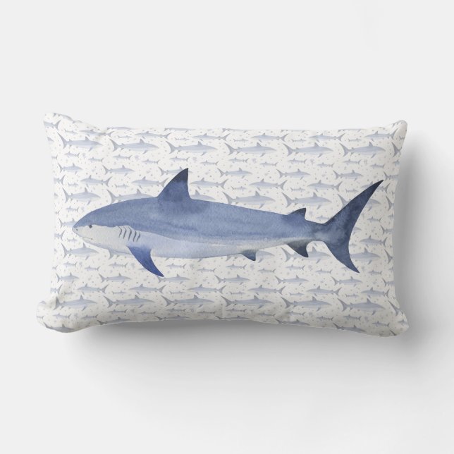 Blå och vit vattenfärg Nautical #Shark Mönster Lumbarkudde (Framsida)