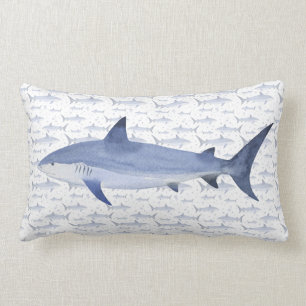 Blå och vit vattenfärg Nautical #Shark Mönster Lumbarkudde