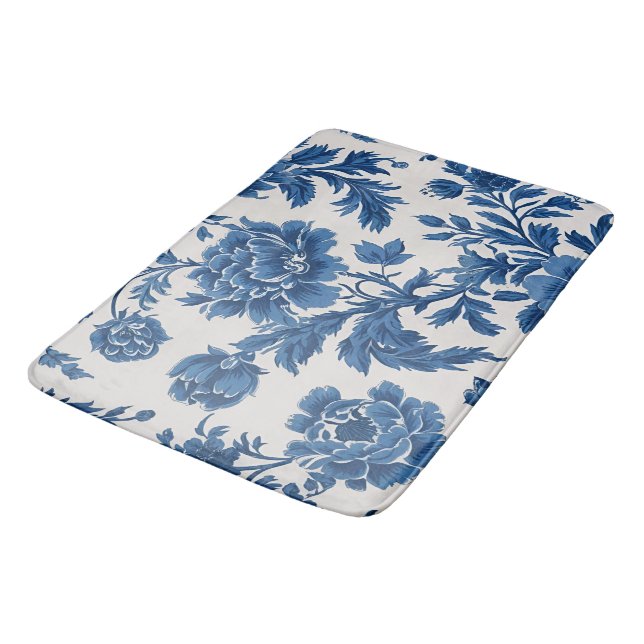 Blå och vit Victorian-inspirerad Blommigt Skriv ut Badrumsmatta (Vinklad)