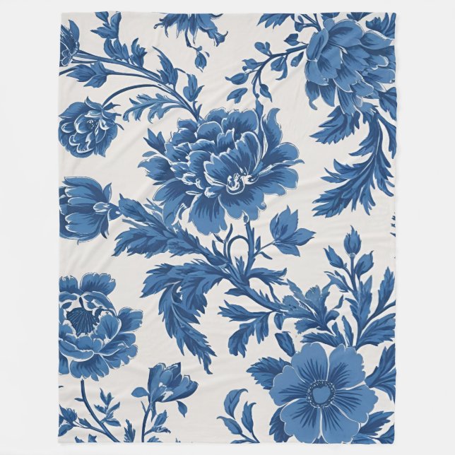 Blå och vit Victorian-inspirerad Blommigt Skriv ut Fleecefilt (Framsidan)
