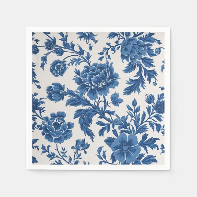 Blå och vit Victorian-inspirerad Blommigt Skriv ut Pappersservett (Framsidan)