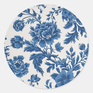 Blå och vit Victorian-inspirerad Blommigt Skriv ut Runt Klistermärke