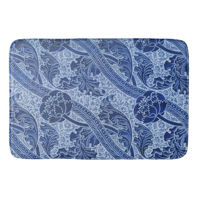 Blå och vit William Morris stil blommande Badrumsmatta (Framsidan)