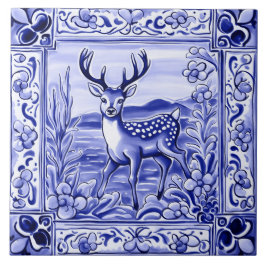 Blå och vit Woodland Hjort Folk Art Kakelplatta