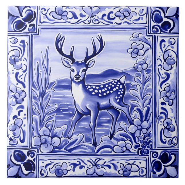 Blå och vit Woodland Hjort Folk Art Kakelplatta (Framsidan)