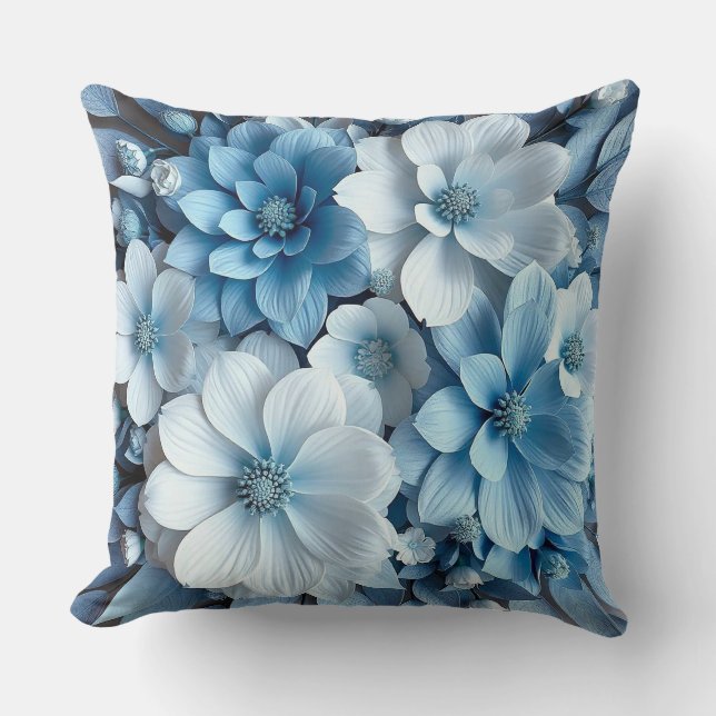 Blå och vita 3d-blommor kudde (Framsida)