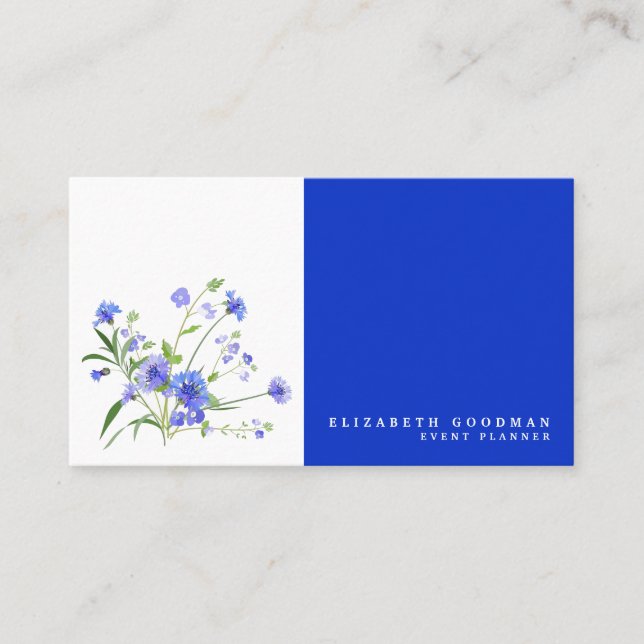 Blå och vita Affärskort av Wildblomma Visitkort (Framsida)