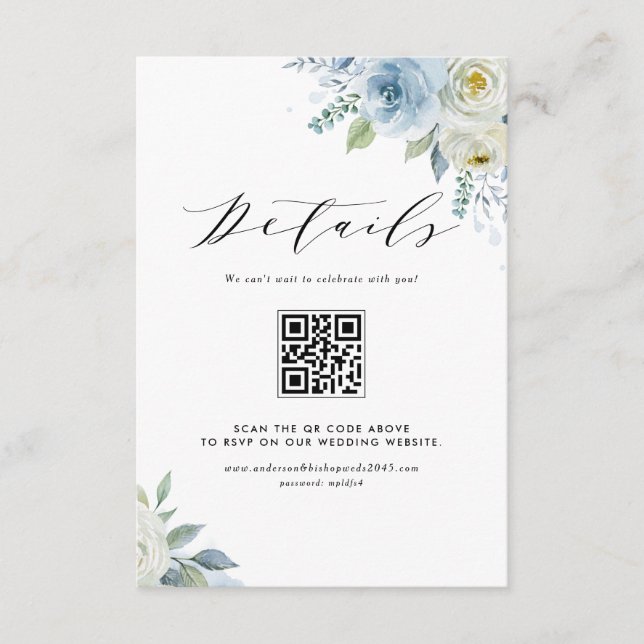 Blå och Vita Akvarellblommor QR-kod Detaljer Tilläggskort (Framsida)