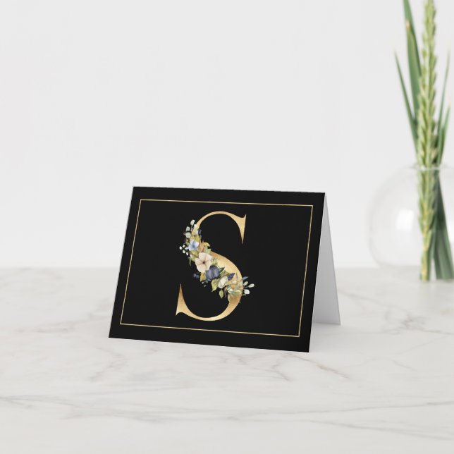 BLÅ OCH VITA BLOMMIGT PÅ GULD MONOGRAM S ANTECKNINGSKORT (Framsida)