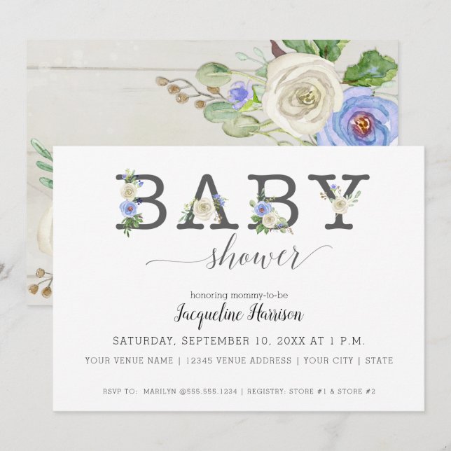 Blå och vita Blommigtar Rustic | Boy Baby Shower Inbjudningar (Fram/baksida)