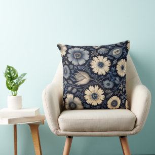 Blå och vita Blommigtar   Vattenfärgsutfall Kudde