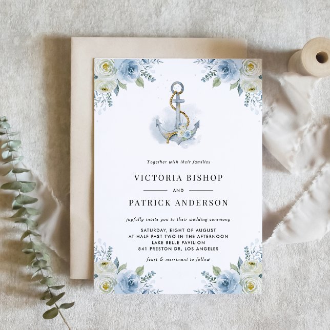 Blå och Vita Blommor Ankare Nautiskt Bröllop Inbjudningar (Coastal theme wedding invitation featuring watercolor floral anchor with blue and white flowers.)