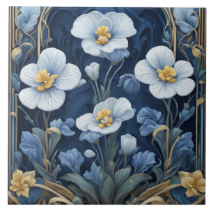 Blå och vita blommor Art Deco Art nouveau Blommigt Kakelplatta
