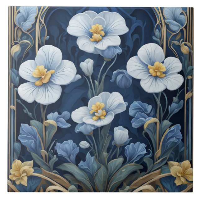 Blå och vita blommor Art Deco Art nouveau Blommigt Kakelplatta (Framsidan)