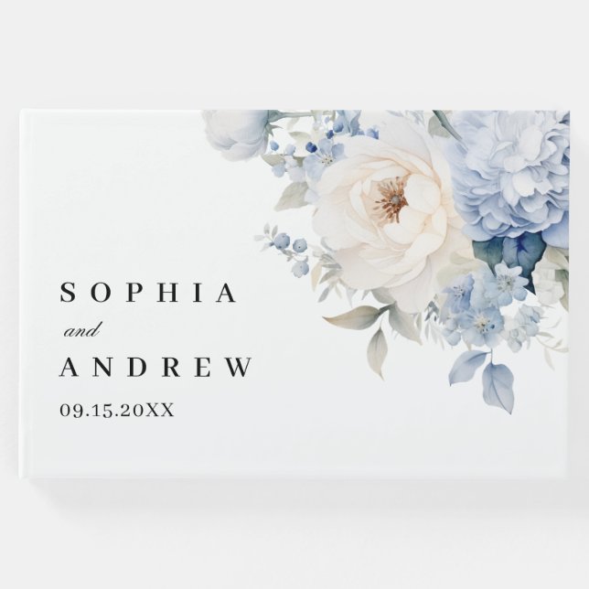Blå och vita blommor Bröllop Gästböcker (Framsida)