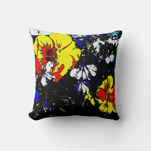 Blå och vita blommor från popkonsfärgad stil-r kudde