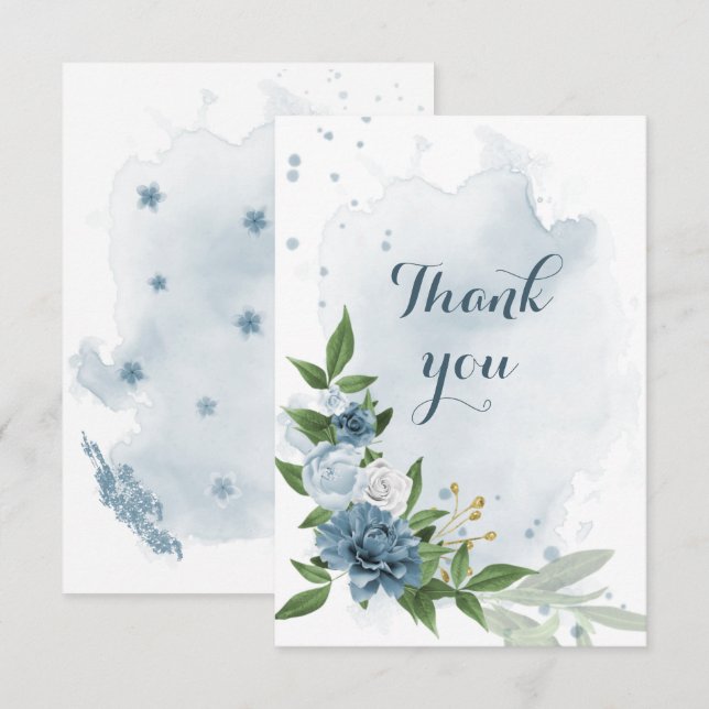 blå och vita blommor grönska tack kort (Fram/baksida)