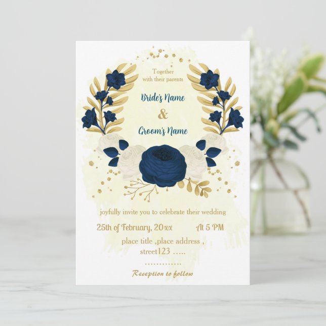 Blå och vita blommor guld bröllop inbjudningar (Stående Fram)
