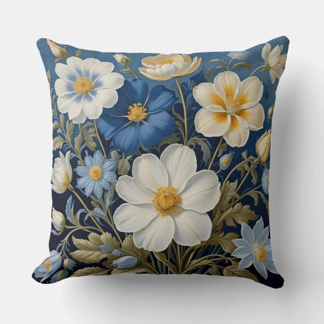 Blå och vita blommor kudde (Framsida)