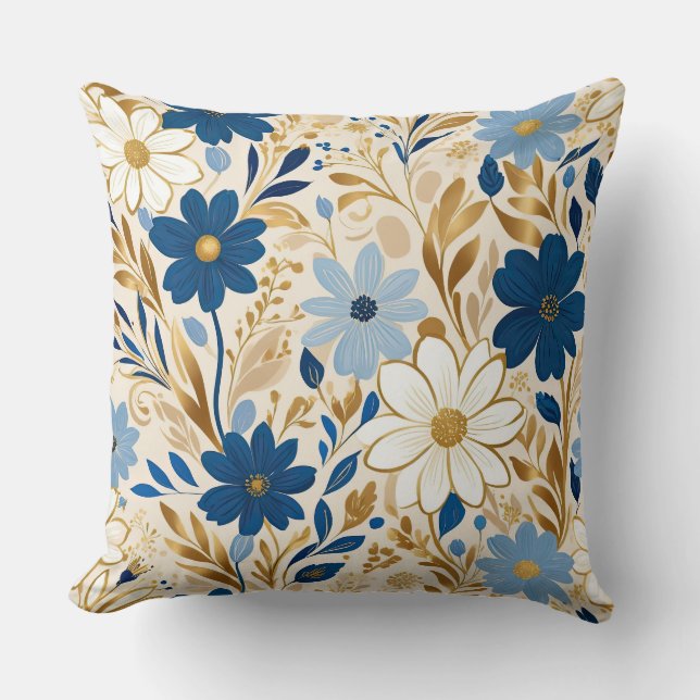 Blå och vita blommor med guld löv kudde (Framsida)