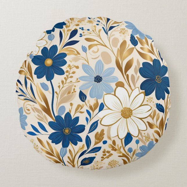 Blå och vita blommor med guld löv rund kudde (Framsidan)