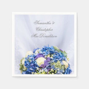 Blå och vita blommor och bröllop-klänning pappersservett