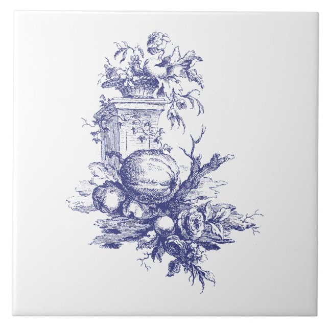 Blå och vita blommor och frukt kakelplatta (Framsidan)