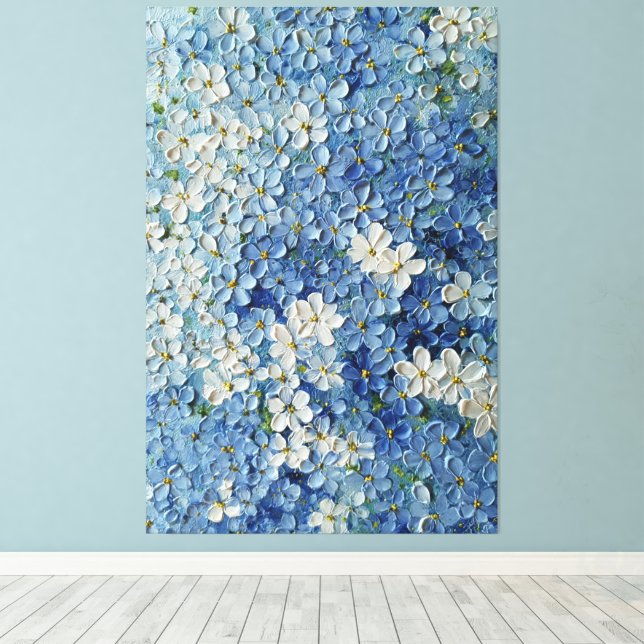 Blå och vita blommor på grön abstrakt väggkonst canvastryck (Insitu (trägolv))