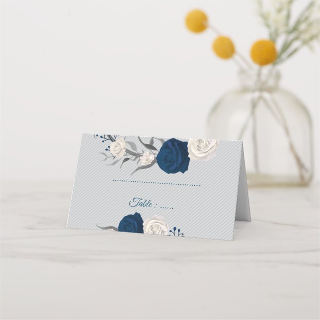 Blå och vita blommor silver löv grått placeringskort (Framsida)