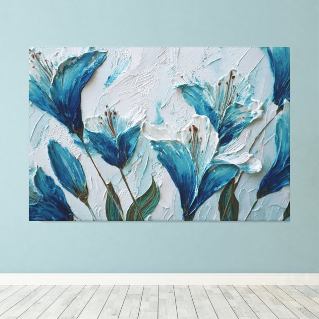 Blå och vita blommor Texturerad Abstrakt Väggkonst Canvastryck (Insitu (trägolv))