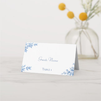 Blå och vita blomsterbröllopskort placeringskort