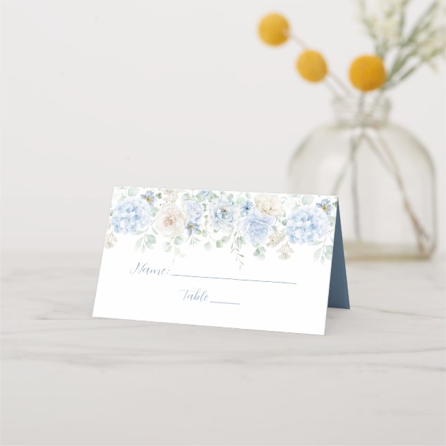 Blå och vita blomsterkort placeringskort (Framsida)