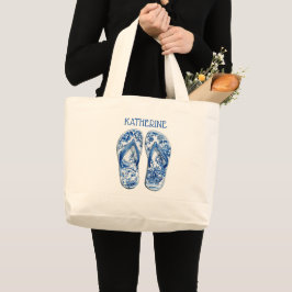 Blå och vita Chinoiserie flip-flops på ränder Jumbo Tygkasse