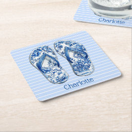 Blå och vita Chinoiserie Flip Flops på ränder Underlägg Papper Kvadrat
