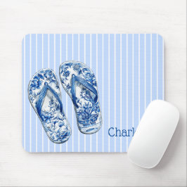 Blå och vita Chinoiserie-flippflops på ränder Musmatta