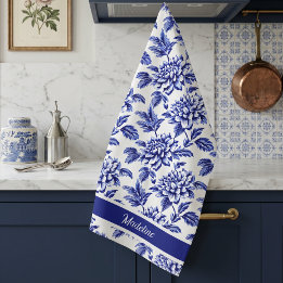 Blå och vita Dahlia-blommor Toile de Jouy Kökshandduk
