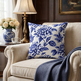 Blå och vita Dahlia-blommor Toile de Jouy Kudde