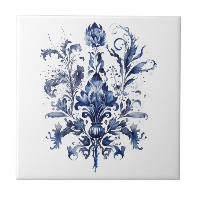 Blå och vita Delft-prydnadsföremål med blommor Kakelplatta (Framsidan)