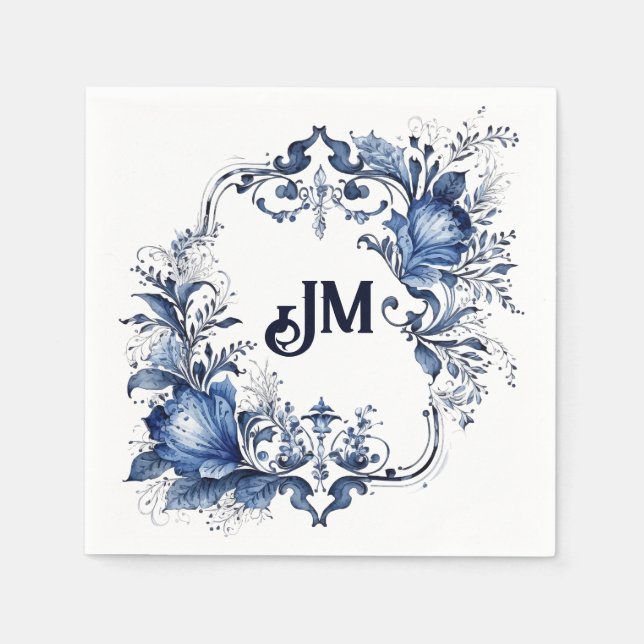 Blå och vita Delft-prydnadsföremål med blommor Pappersservett (Framsidan)