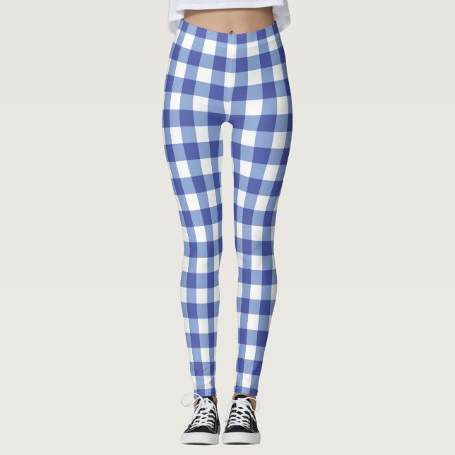 Blå och vita Gingham Checker-kontroller utlagda Leggings (Framsida)
