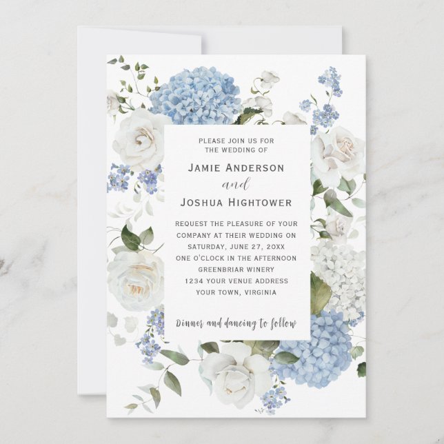 Blå och vita hydrangeor, vita rosor Blomster  Inbjudningar (Framsida)