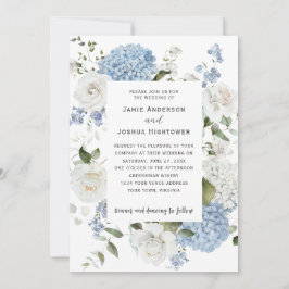 Blå och vita hydrangeor, vita rosor Blomster Inbjudningar