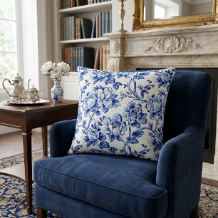 Blå och vita magnolior Toile de Jouy Kudde