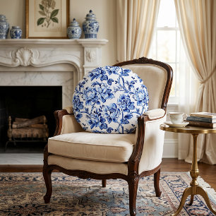 Blå och vita magnolior Toile de Jouy Rund Kudde