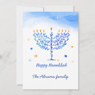Blå och vita Menorah Candles med Hanukkah önskemål Tack Kort