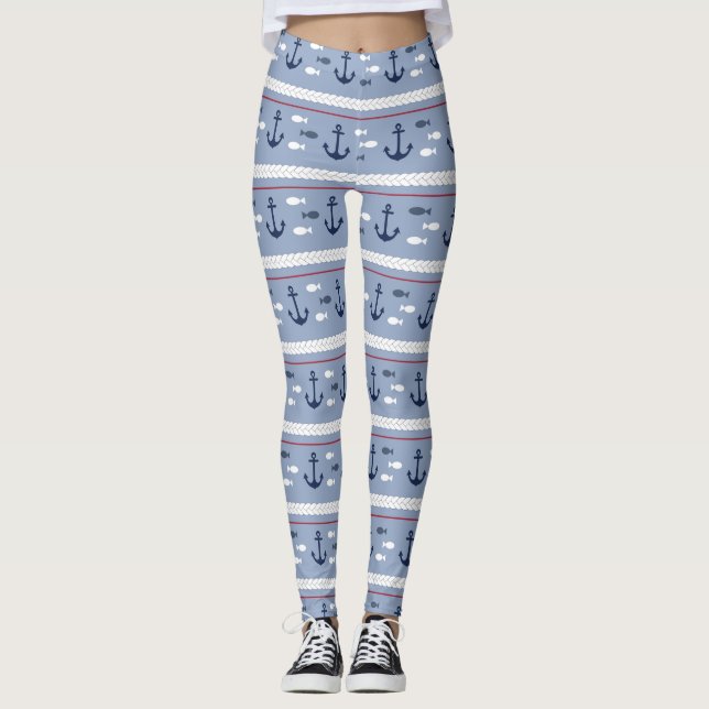 Blå och vita nautiska ankare Leggings (Framsida)