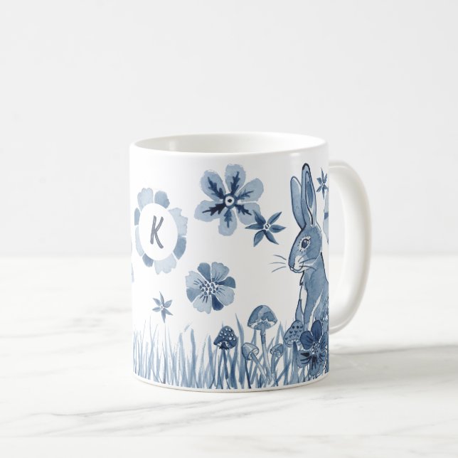 Blå- och vita palnyblommor Monogram Påsk Kaffemugg (Framsida höger)