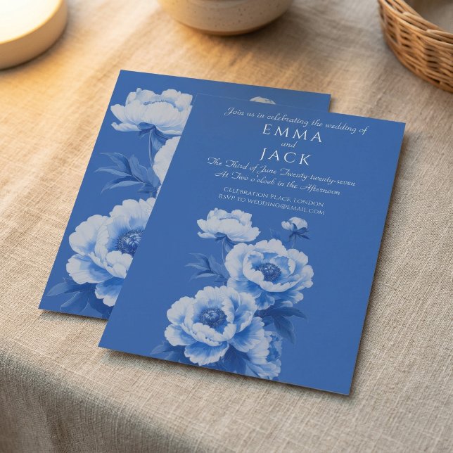 Blå och vita peonor snygg bröllopsinbjudan inbjudningar (Blue and white peonies pretty wedding invitation)